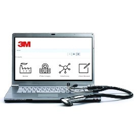 Notebook na bílém pozadí se zobrazenou domovskou stránkou hledání návodů 3M a Littmann fonendoskopem vedle něj