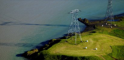 Aerial view of rural power lines
